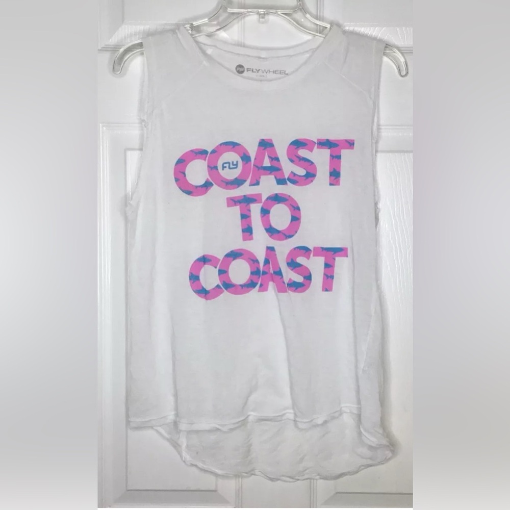 Women FLYWHEEL white Pink Blue Shark Coast To Coast Cycling Tank Top Sz XS shirt